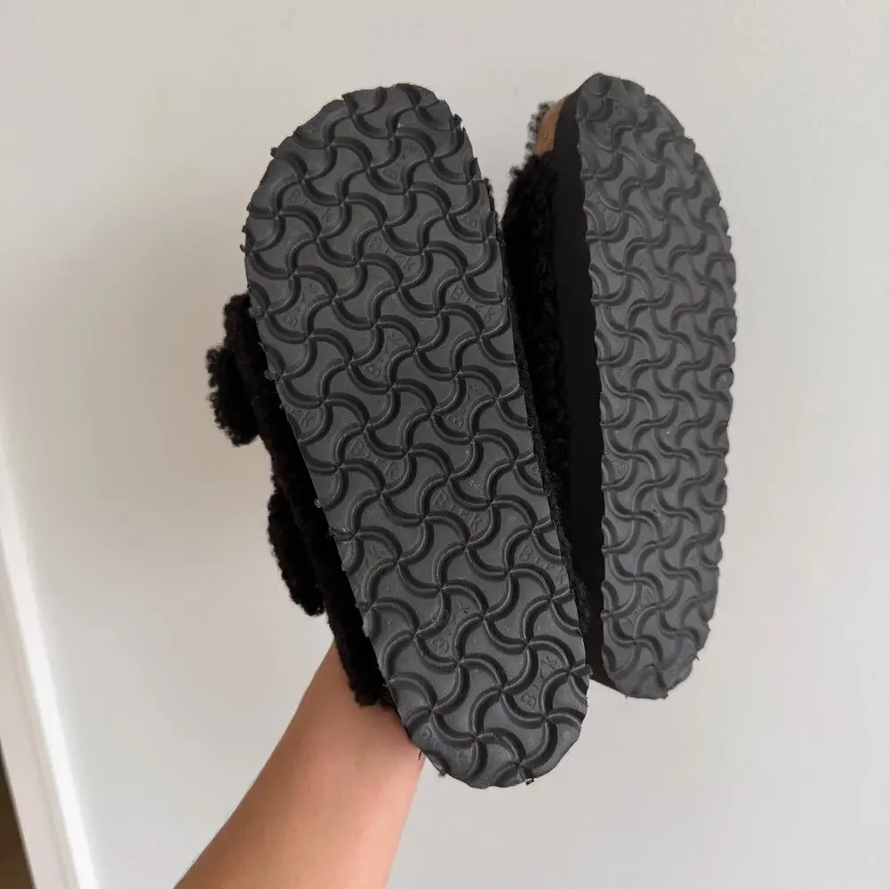 Birkenstock Papillio Arizona Big Buckle Shearling Slide Sandals Black 9 NWOT